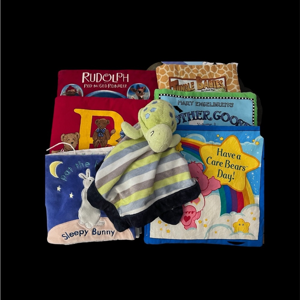 Set of 6 cloth baby books and turtle baby blanket
